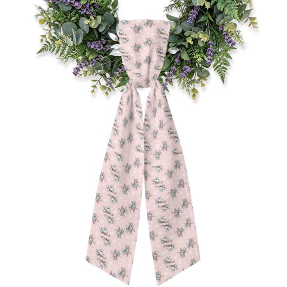 Funny Koala Wreath Sash for Front Door, Rustic Cute Leaves Modern Minimalist Pink Wreath Bow Holiday Garland Ribbon Wreath Accessories for Home Yard Porch Doorway Fall Christmas Decorations Gifts