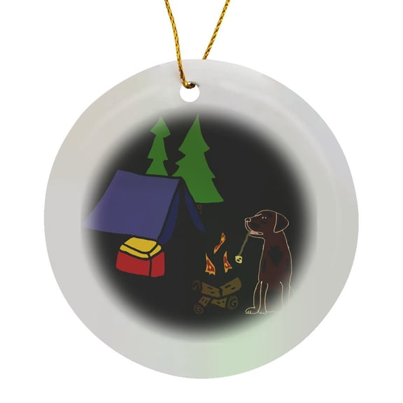 3drose, Funny Labrador Retriever Dog Camping Nature Cartoon, Circle Porcelain Ornament