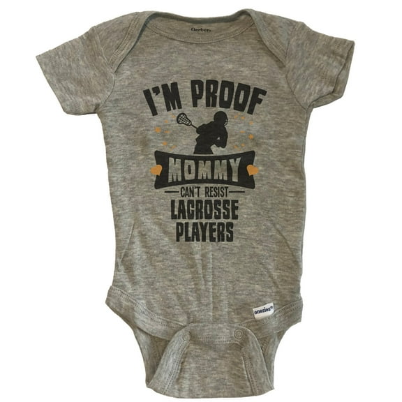 Funny Lacrosse Baby Bodysuit - I'm Proof Mommy Can't Resist Lacrosse Players Baby Bodysuit - Grey