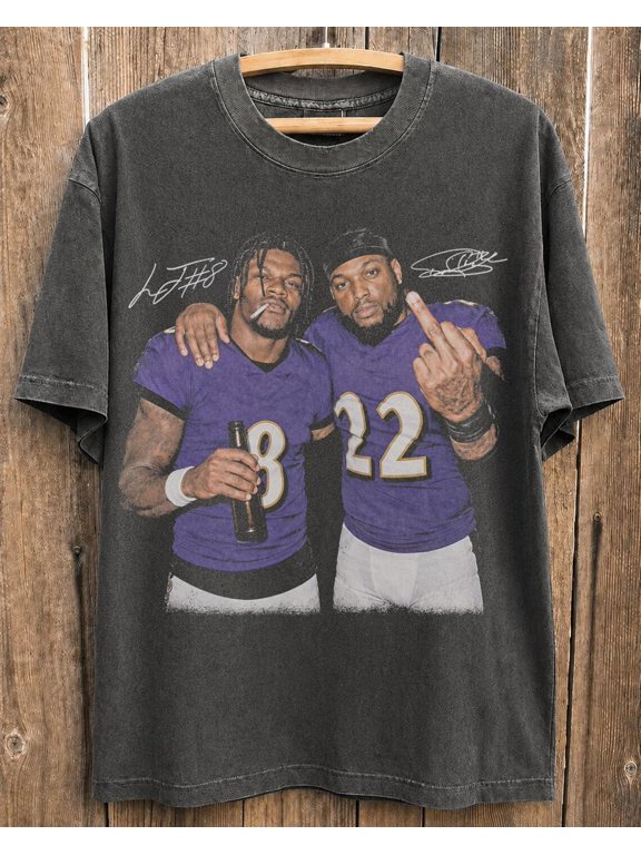 Funny Lamar Jackson x Derrick Henry Retro Graphic T-Shirt For Fan,Charcoal Color,Size XL