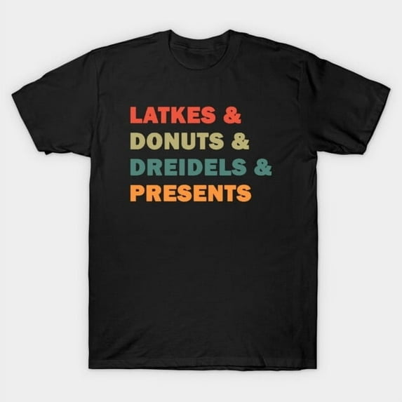 Funny Latkes and Donuts and Dreidels and Presents Hanukkah Artwork Print, H6990 Unisex T-Shirt, Up to 5XL Available