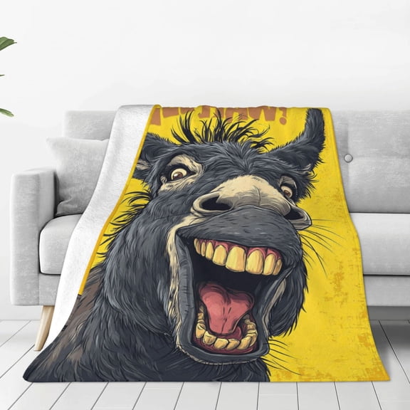 Funny Laughing Donkey Throw Blanket, Hee Haw Face Art, Ultra-Soft Flannel Fleece, Adult Novelty Gag Gift for Dads and Friends 50x40