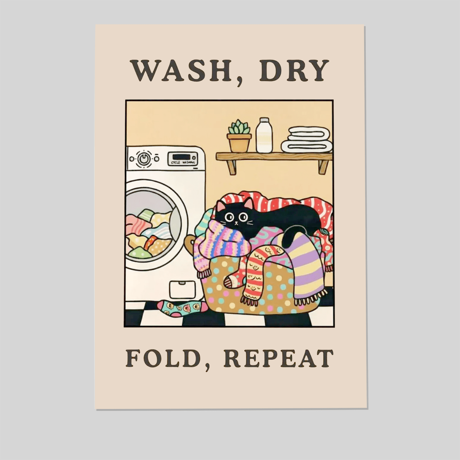 Funny Laundry Room Print – Wash Dry Fold Repeat Poster, Cat Laundry ...