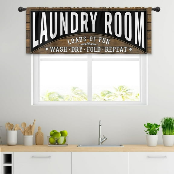 Funny Laundry Room Valance Kitchen Curtains 52Wx18H Inch Rod Pocket Vintage Farmhouse Black Short Curtains Art Printed Rustic Wooden Living Room Bedroom Window Drapes Treatment Fabric 1 Panel