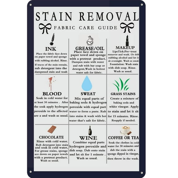 Funny Laundry Stain Removal Fabric Care Guide Metal Aluminum Sign Wall Decor Laundry Sign for Home Laundry Room Decor Gifts 8 x 12 inch