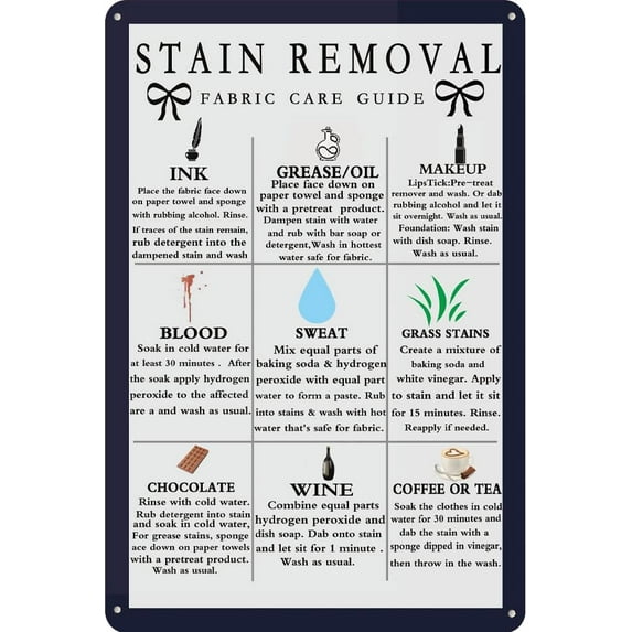 Funny Laundry Stain Removal Fabric Care Guide Metal Tin Sign Wall Decor Laundry Sign for Home Laundry Room Decor Gifts 8 x 12 inch