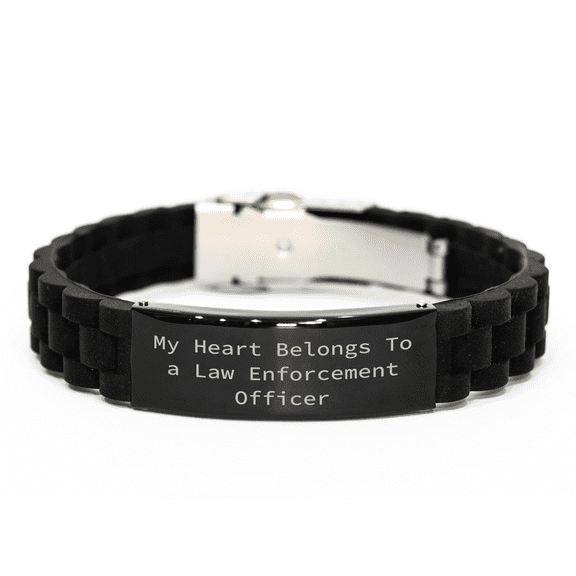 Funny Law Enforcement Officer Gifts from Mom for Dad's Day - 'My Heart Belongs To A Law Enforcement Officer' Glide lock Clasp Black Stainless Steel Silver Silicone Adjustable 9.05-inch Men's Gift