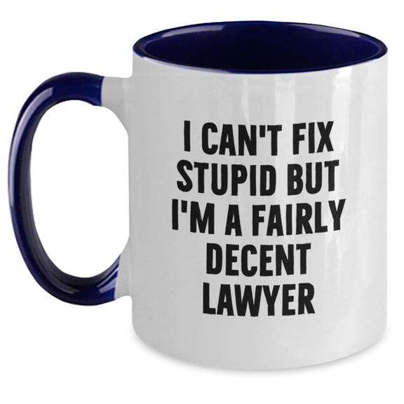 Funny Lawyer Gifts, Birthday Unique Presents from Friends for Men or Women, Two Tone Coffee Mug with 'I Can't Fix Stupid But I'm A Fairly Decent Lawyer' Quote