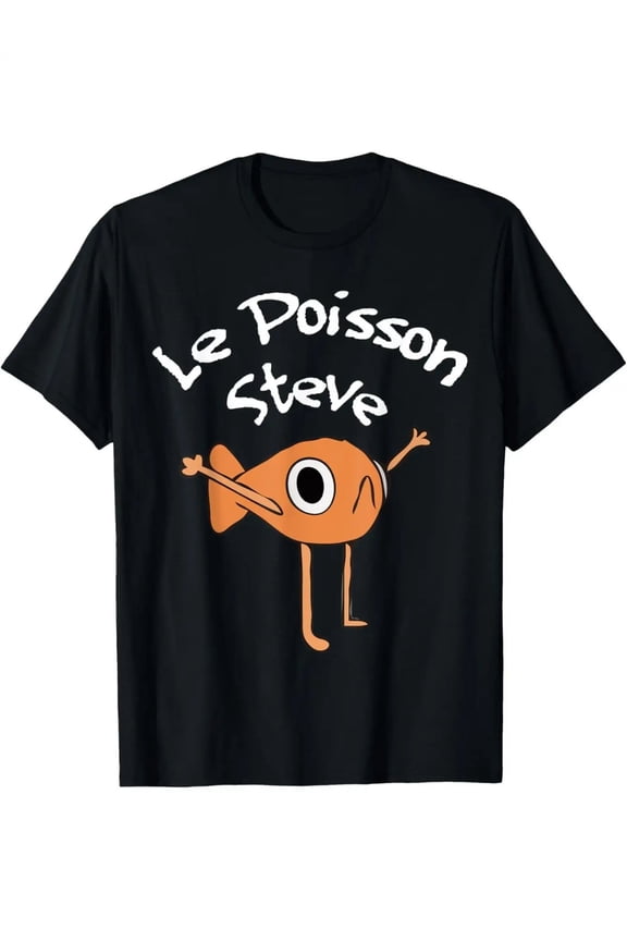 Funny Le Poisson Steve Meme Graphic T-Shirt - Vintage Cartoon Fish Design with Black And White Text And Orange Fish Pattern, Unisex Short-Sleeve Casual Shirt, Machine Washable