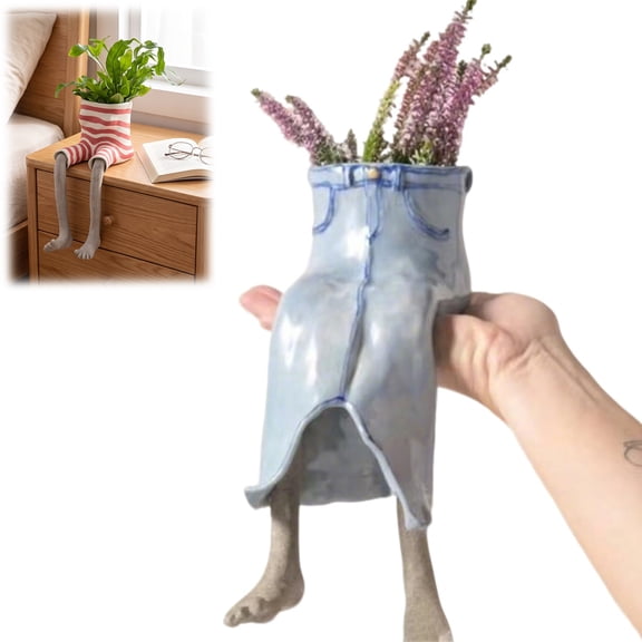 Funny Leggy Planter Set, Creative Sitting Human Shaped Resin Planter with Legs, Cute Leggy Pot for Home Decor (Denim Flare)