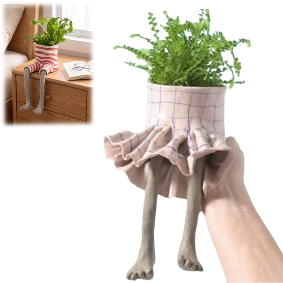 Funny Leggy Planter Set, Creative Sitting Human Shaped Resin Planter with Legs, Cute Leggy Pot for Home Decor (Grid Ruffle)