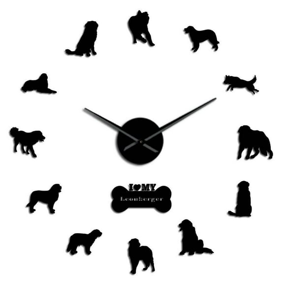Funny Leonberger Dog Breed Quartz Acrylic Mirror Sticker DIY Wall Clock Quiet Sweep Canine Pet Animals Giant Wall Decor Watch(Black,47inch)