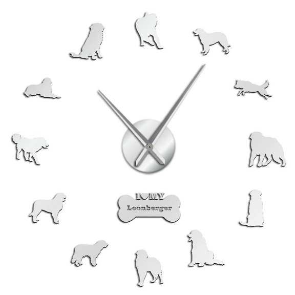 Funny Leonberger Dog Breed Quartz Acrylic Mirror Sticker DIY Wall Clock Quiet Sweep Canine Pet Animals Giant Wall Decor Watch(Silver,27inch)