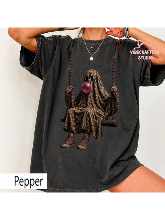 Funny Leopard Ghost Swing Tee, Bubble Gum Ghost Halloween Shirt, Spooky Season Shirt