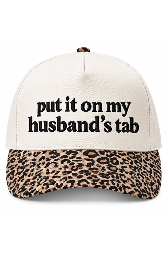 Funny Leopard Print Baseball Cap for Women - Put It On My Husband's Tab Embroidered Sarcastic Hat, Animal Print Brim