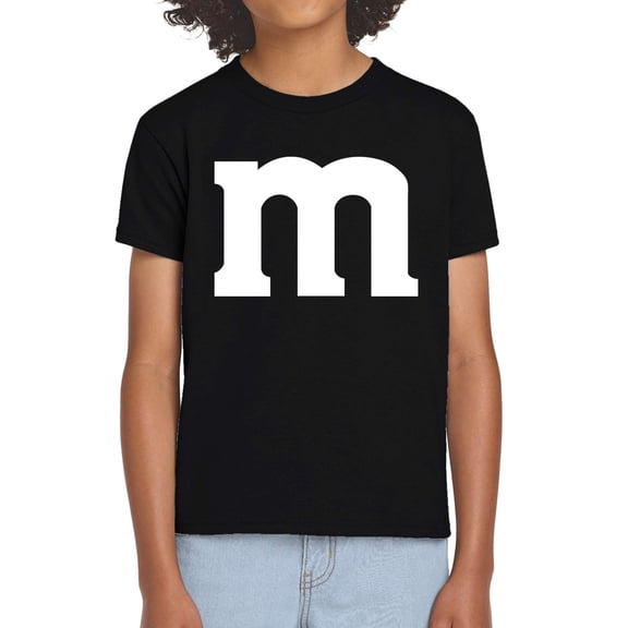 Funny Letter M Halloween Shirt – Youth Costume Tee – Graphic T-Shirt for Kids & Teens – Black Large