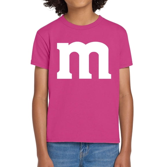 Funny Letter M Halloween Shirt – Youth Costume Tee – Graphic T-Shirt for Kids & Teens – Haleconia Medium Pink