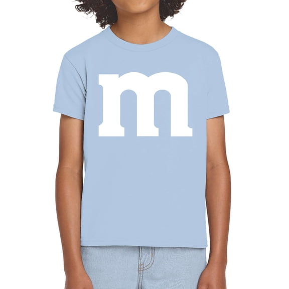 Funny Letter M Halloween Shirt – Youth Costume Tee – Graphic T-Shirt for Kids & Teens – Light Blue Large
