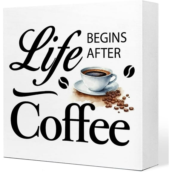 Funny Life Begins After Coffee Wood Block Sign Desk Decor,Rustic Coffee Cup And Beans Wood Block Sign Desk Decorations For Home Kitchen Office Cafe Coffee Bar Man Cave Desk Shelf Table Decor 5x5 Inch