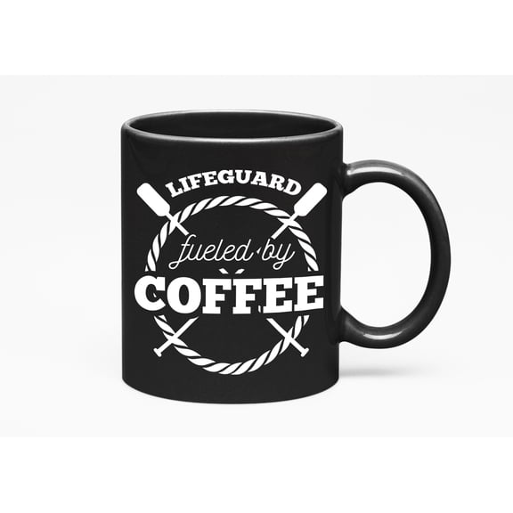 Funny Lifeguard, Fueled by Coffee Humor, Men & Women Lifeguards, Black 11oz Ceramic Mug