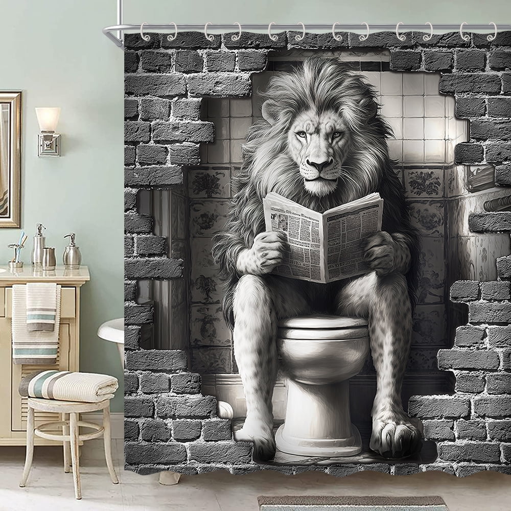 Funny Lion Bathroom Shower Curtain, Lions on Toilet Reading Newspaper Theme Bathroom Shower Curtain Set, Humor Animals Shower Curtain for Kids Adults Bathroom Decorations with Hooks, 69X84IN