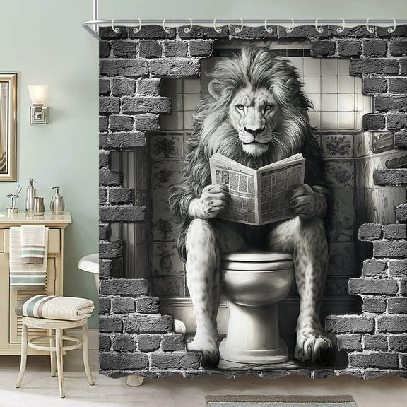 Funny Lion Bathroom Shower Curtain, Lions on Toilet Reading Newspaper Theme Bathroom Shower Curtain Set, Humor Animals Shower Curtain for Kids Adults Bathroom Decorations with Hooks, 72X72IN