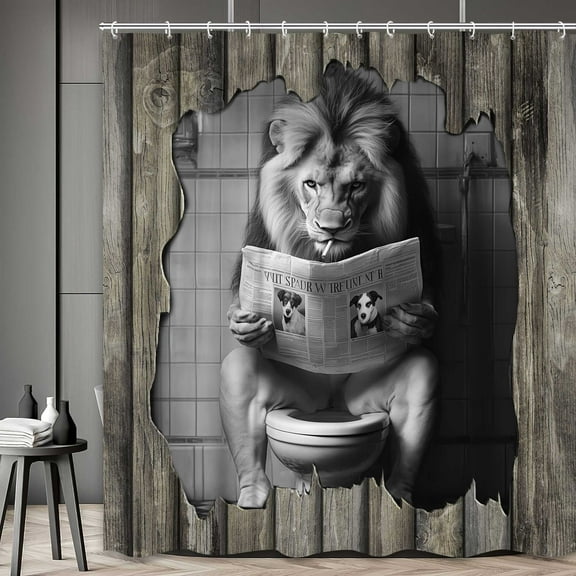 70x70 in Funny Lion Reading Newspaper Shower Curtain - Western Farmhouse Bathroom Decor Humor, Rustic Animal Polyester with Hooks Included