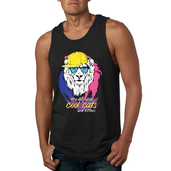 Funny Lion Tiger King Hey All You Cool Cats and Kittens | Mens Animal Lover Graphic Tank Top, Black, Large