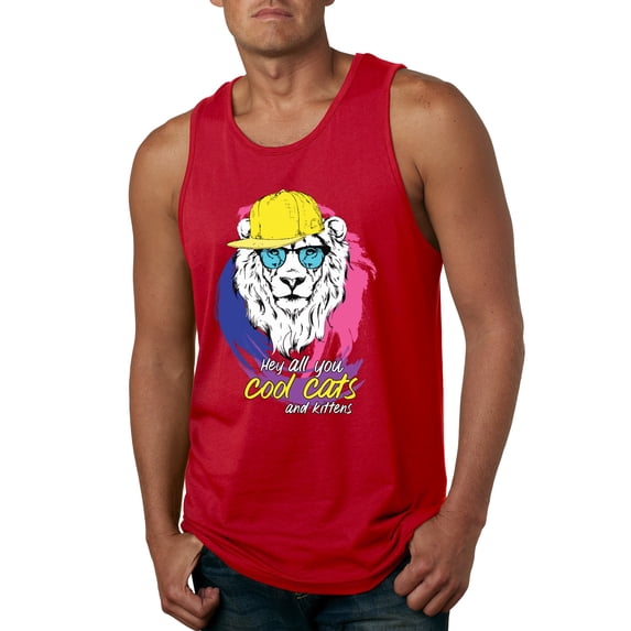 Funny Lion Tiger King Hey All You Cool Cats and Kittens | Mens Animal Lover Graphic Tank Top, Red, 2XL