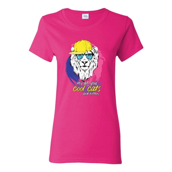 Funny Lion Tiger King Hey All You Cool Cats and Kittens | Womens Animal Lover Graphic T-Shirt, Fuschia, Small