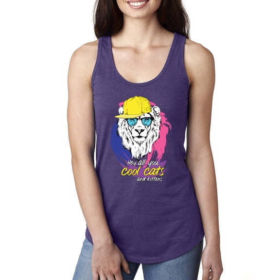 Funny Lion Tiger King Hey All You Cool Cats and Kittens | Womens Animal Lover Jersey Racerback Tank Top, Purple Rush, Medium