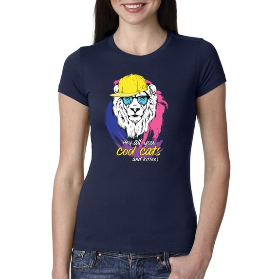 Funny Lion Tiger King Hey All You Cool Cats and Kittens | Womens Animal Lover Slim Fit Junior Tee, Navy, Small