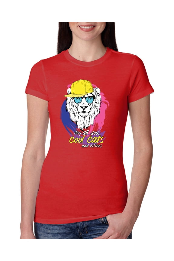 Funny Lion Tiger King Hey All You Cool Cats and Kittens | Womens Animal Lover Slim Fit Junior Tee, Red, 2XL