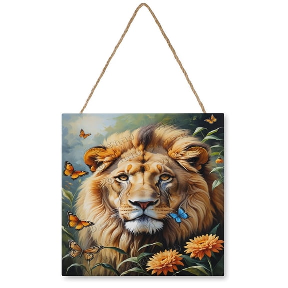 Funny Lion with Flowers Wooden Hanging Sign - Playful Decor for Home Offices and Living Spaces, Gift for Lion Lovers 12"x12"