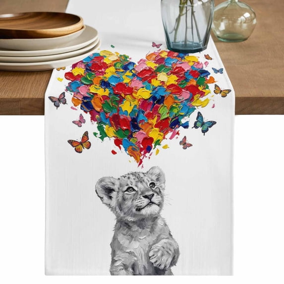 Funny Lions Cotton Linen Table Runner for Dining Kitchen, Modern Abstract Art Colorful Love Hearts Wedding Outdoor Party Tablerunners Decoration, Dresser Scarf Coffee Tablecloth Runners 13x70 Inches