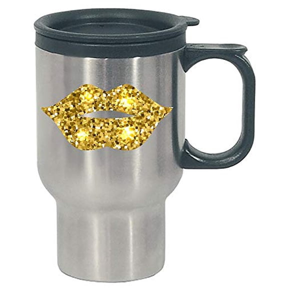 Funny Lips - Gold Glitter Lipstick Kiss Print Makeup Humor - Stainless Steel Travel Mug