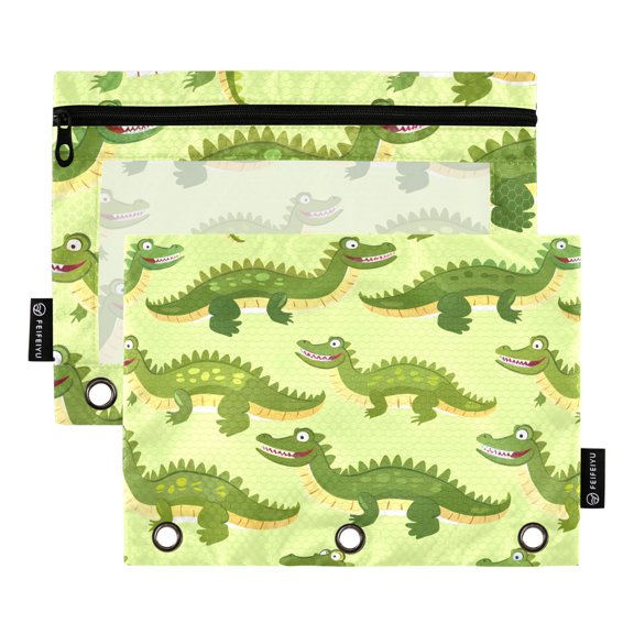 Funny Little Crocodile 2 Pack Pencil Pouch for 3 Ring Binder Smooth Zipper Folders with Pockets Clear Window Pencil Case