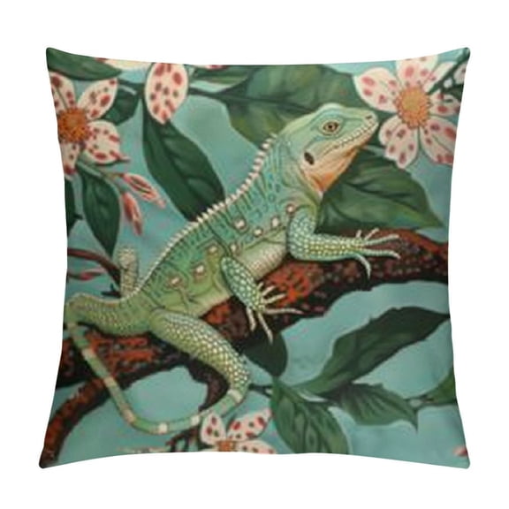 Funny Lizard Pillow Covers For Adult Teens,Teal Blue Chameleon Throw Pillow Covers,Spring Floral Branch Cushion Covers,Cute Safari Animal Decorative Accent Pillow Cases