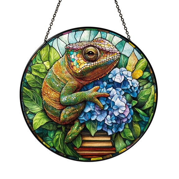 Funny Lizard with Glasses Stained Glass Suncatcher Window Hanging Whimsical Reptile Art Nature Inspired Decorative Glass Panel