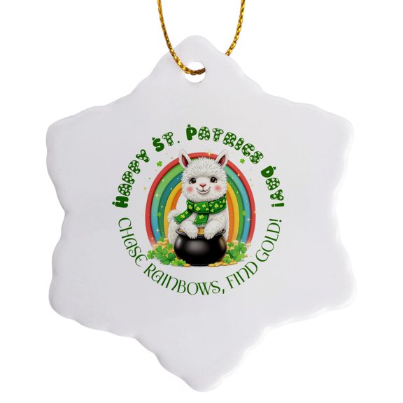 3drose, Funny Llama and a Text Chase Rainbows, Find Gold St. Patricks Day, 3 inch Snowflake Porcelain Ornament