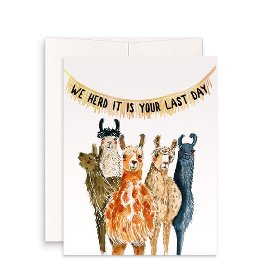 Funny Llama Themed Goodbye Card "We Herd It Is Your Last Day" Design Envelope Included, Blank Inside Perfect for Farewell, Friends, Coworkers, Boss, or Retirement