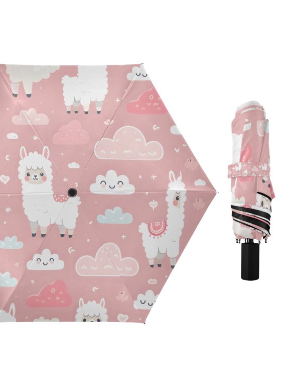 Funny Llama and Clouds Compact Sun Umbrella Windproof Travel Umbrellas for Rain Strong Portable UV Protection