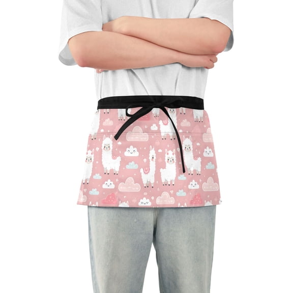 Funny Llama and Clouds Server Apron with 3 Pockets Waterproof Waitress Waist Short Apron for Man Woman 12 Inches