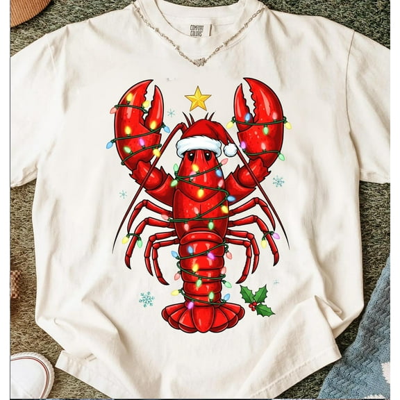 Funny Lobster Christmas Shirt, Festive Xmas Lobster Lights Tee, Coastal Holiday Party Matching Outfit, Santa Lobster Family Shirt