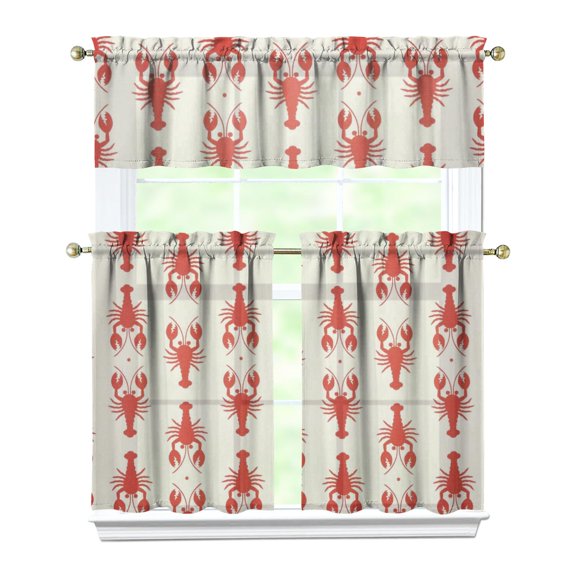 Funny Lobster Kitchen Curtains Set Coastal Red Blue Seafood Crustacean Nautical Cute Marine Ocean Beach Sea Life Starfish Tropical Lobster Print Pattern Curtain Tier Valance Set