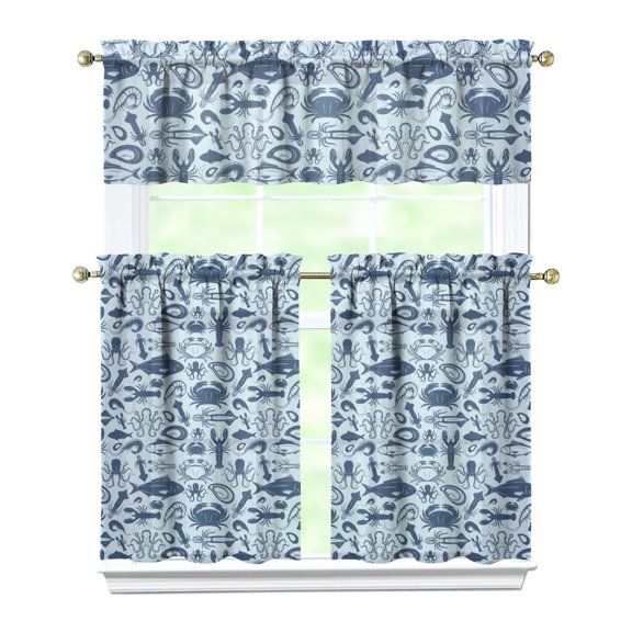 Funny Lobster Kitchen Curtains Set Coastal Red Blue Seafood Crustacean Nautical Cute Marine Ocean Beach Sea Life Starfish Tropical Lobster Print Pattern Curtain Tier Valance Set