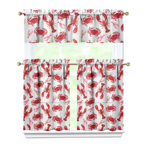 Funny Lobster Kitchen Curtains Set Coastal Red Blue Seafood Crustacean Nautical Cute Marine Ocean Beach Sea Life Starfish Tropical Lobster Print Pattern Curtain Tier Valance Set