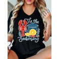 thumbnail image 1 of Funny Lobster "Tis the Summer Seasoning" Graphic T-Shirt, Women's V-Neck Casual Tee for Coastal Cookouts, Delicious Seafood Lover's Foodie Apparel, Festive Vacation Party Top, 1 of 6