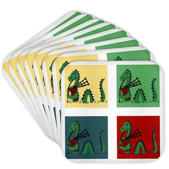 3drose, Funny Loch Ness Monster Playing Bagpipes Music 4 Block Art for Pipers, Set of 8 Coasters - Soft