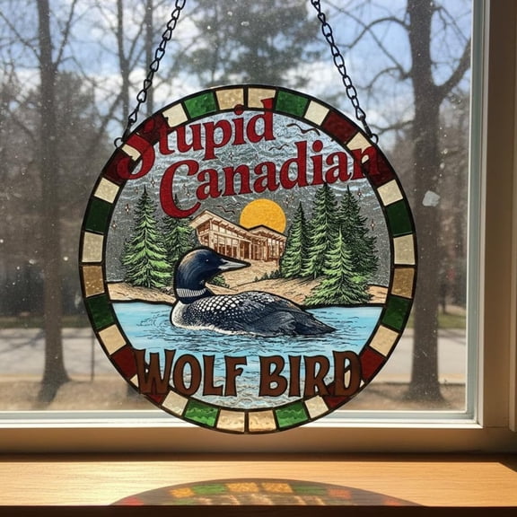 Funny Loon Bird Suncatcher, Stupid Canadian Wolf Bird Window Hanging, Retro Nature Decor, 7.9 in